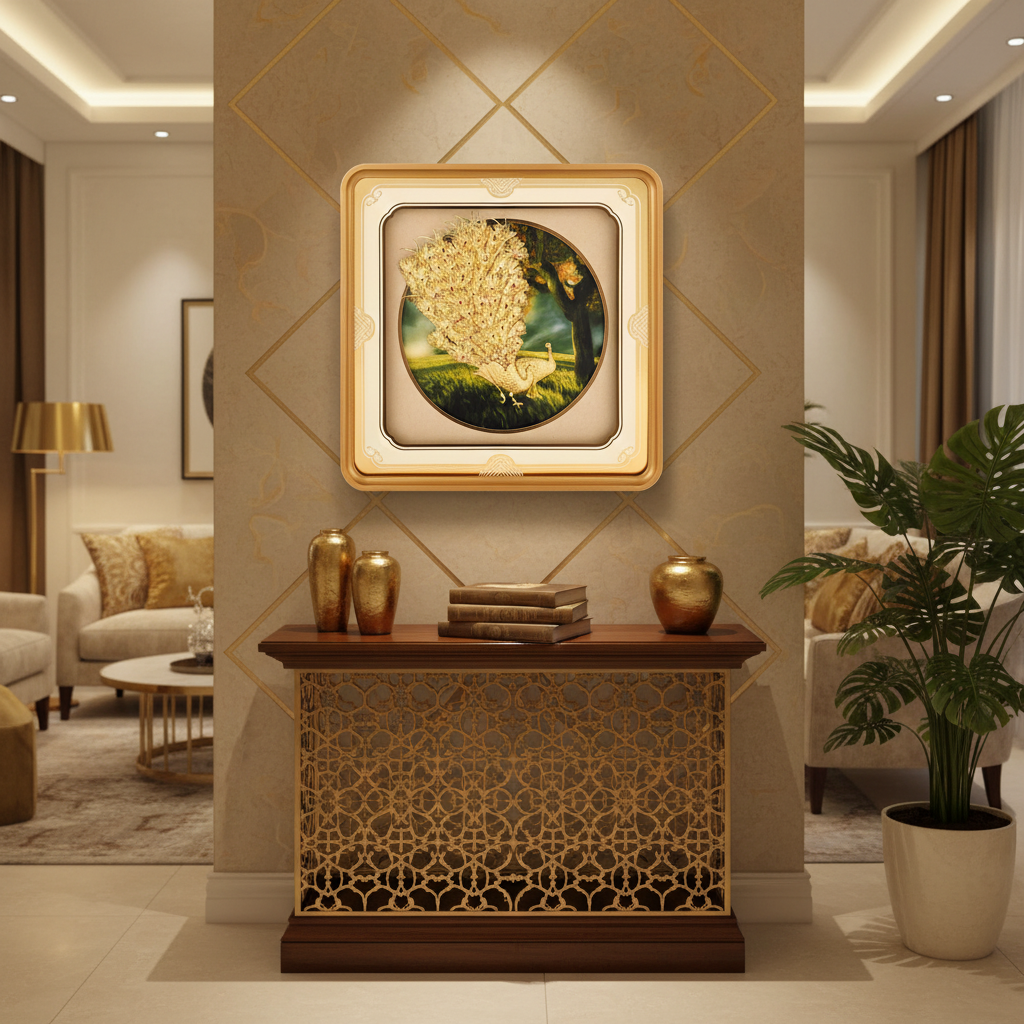 24K Gold Foil Peacock Wall Art Frame (11x11") - Sacred Indian Mayura Painting for Vastu Home Mandir Decor & Diwali Housewarming Gift
