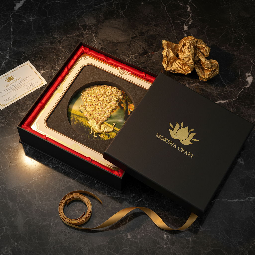 24K Gold Foil Peacock Wall Art Frame (11x11") - Sacred Indian Mayura Painting for Vastu Home Mandir Decor & Diwali Housewarming Gift