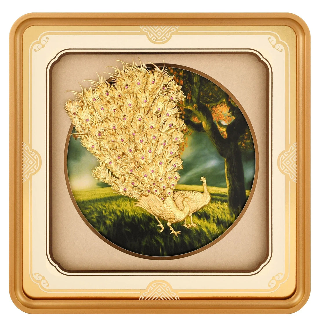 Peacock 24K Gold Foil Painting with Matte Gold Versatile Frame, 11x11 Inches