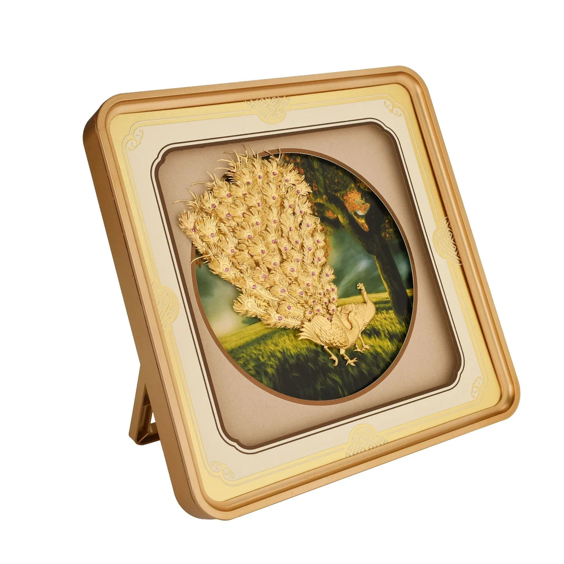 Peacock 24K Gold Foil Painting with Matte Gold Versatile Frame, 11x11 Inches