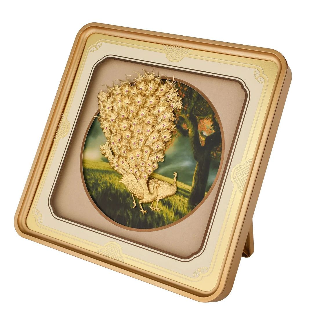 Peacock 24K Gold Foil Painting with Matte Gold Versatile Frame, 11x11 Inches