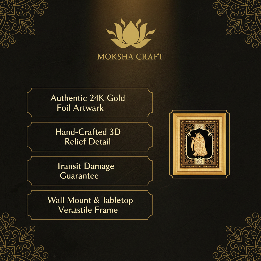 24K Gold Foil Radha Krishna Painting with Frame (6x7") - Hindu God Art for Home Mandir, Master Bedroom & Living Room Decor