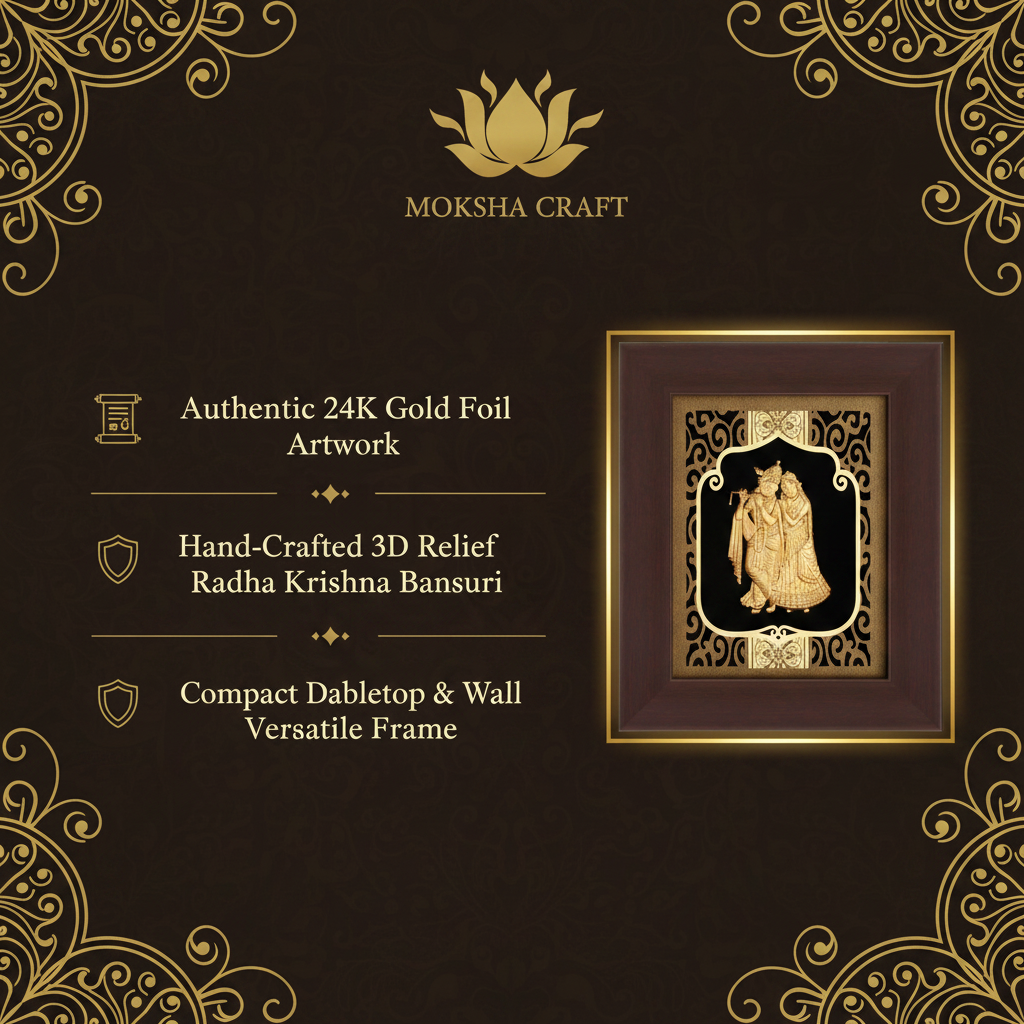 Radha Krishna 24K Gold Foil Painting Frame (6x7") - Sacred Divine Love Art for Master Bedroom, Home Mandir Decor & Gift