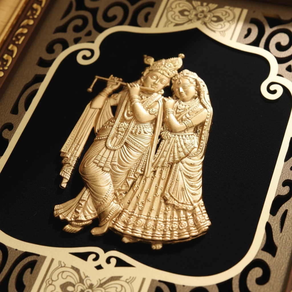 24K Gold Foil Radha Krishna Painting with Frame (6x7") - Hindu God Art for Home Mandir, Master Bedroom & Living Room Decor