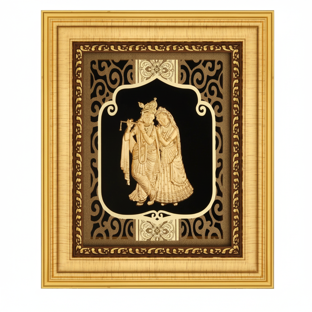 24K Gold Foil Radha Krishna Painting with Frame (6x7") - Hindu God Art for Home Mandir, Master Bedroom & Living Room Decor