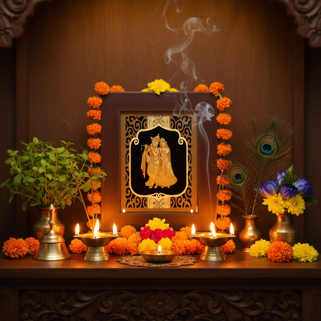 Radha Krishna 24K Gold Foil Painting Frame (6x7") - Sacred Divine Love Art for Master Bedroom, Home Mandir Decor & Gift