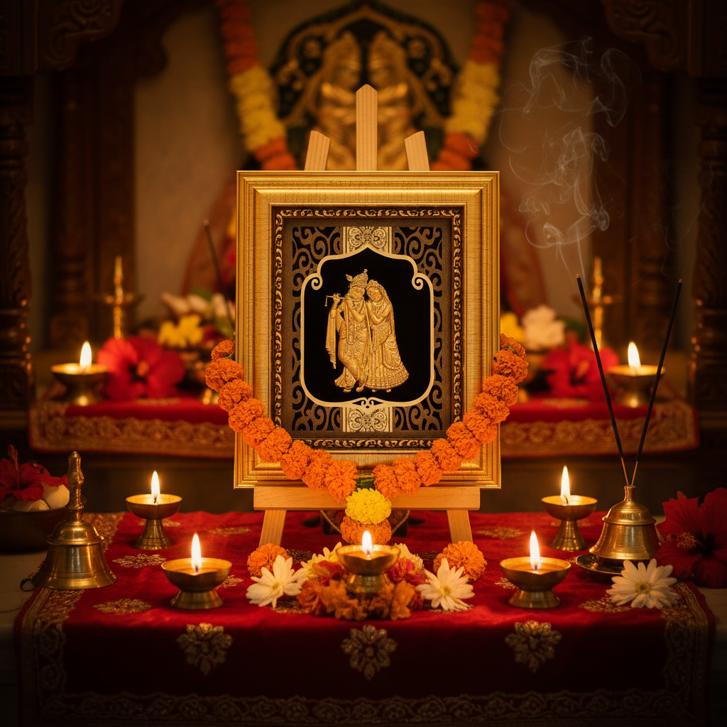 24K Gold Foil Radha Krishna Painting with Frame (6x7") - Hindu God Art for Home Mandir, Master Bedroom & Living Room Decor