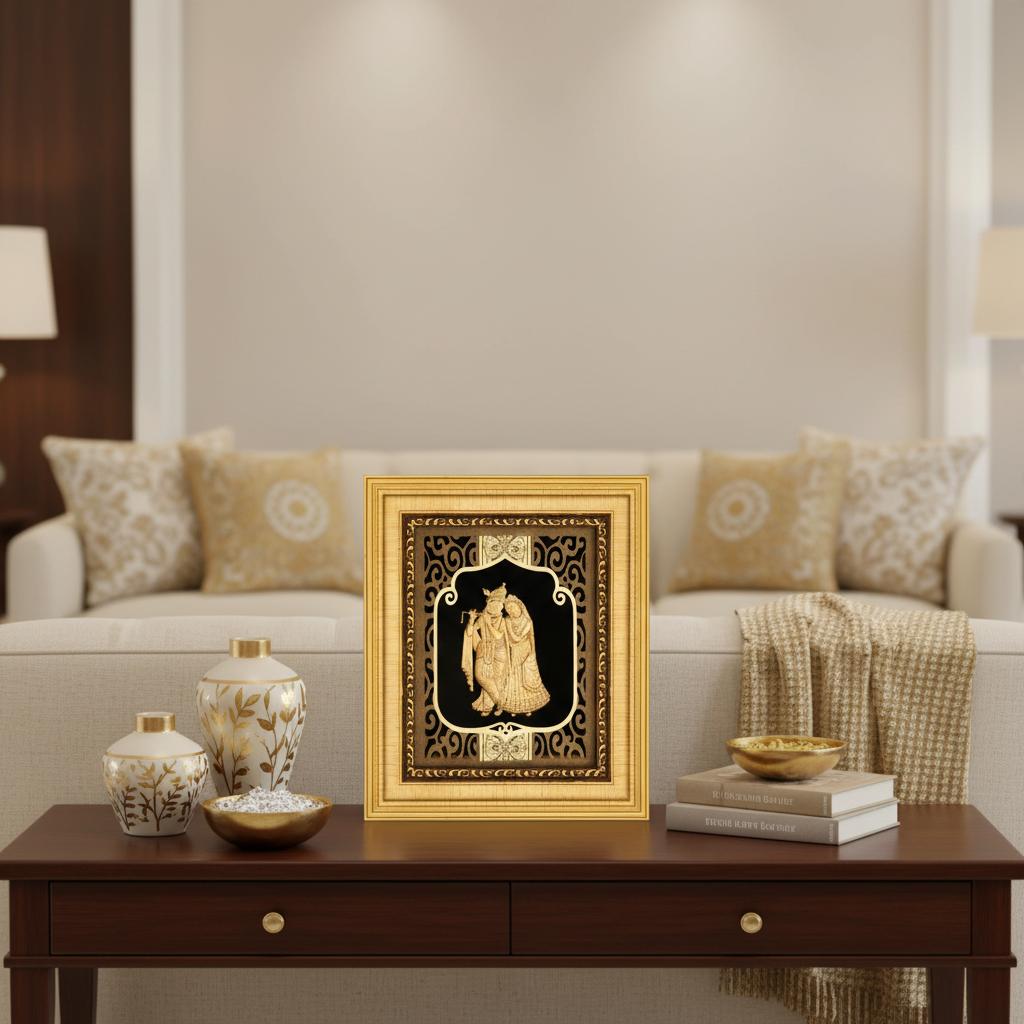 24K Gold Foil Radha Krishna Painting with Frame (6x7") - Hindu God Art for Home Mandir, Master Bedroom & Living Room Decor