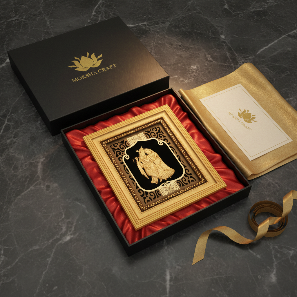 24K Gold Foil Radha Krishna Painting with Frame (6x7") - Hindu God Art for Home Mandir, Master Bedroom & Living Room Decor