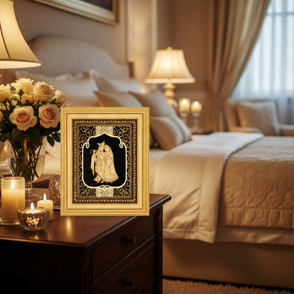 24K Gold Foil Radha Krishna Painting with Frame (6x7") - Hindu God Art for Home Mandir, Master Bedroom & Living Room Decor