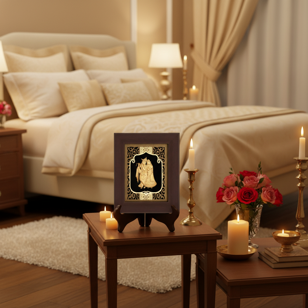 Radha Krishna 24K Gold Foil Painting Frame (6x7") - Sacred Divine Love Art for Master Bedroom, Home Mandir Decor & Gift