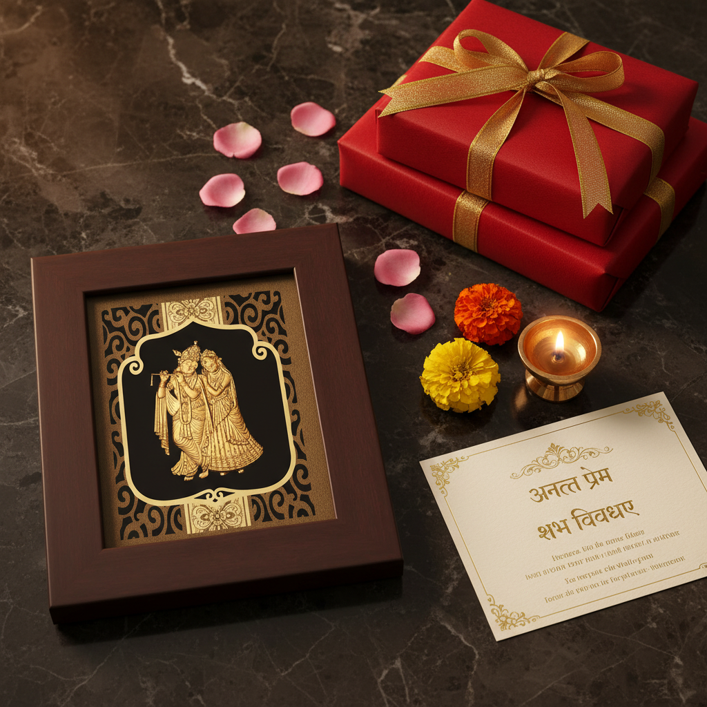 Radha Krishna 24K Gold Foil Painting Frame (6x7") - Sacred Divine Love Art for Master Bedroom, Home Mandir Decor & Gift
