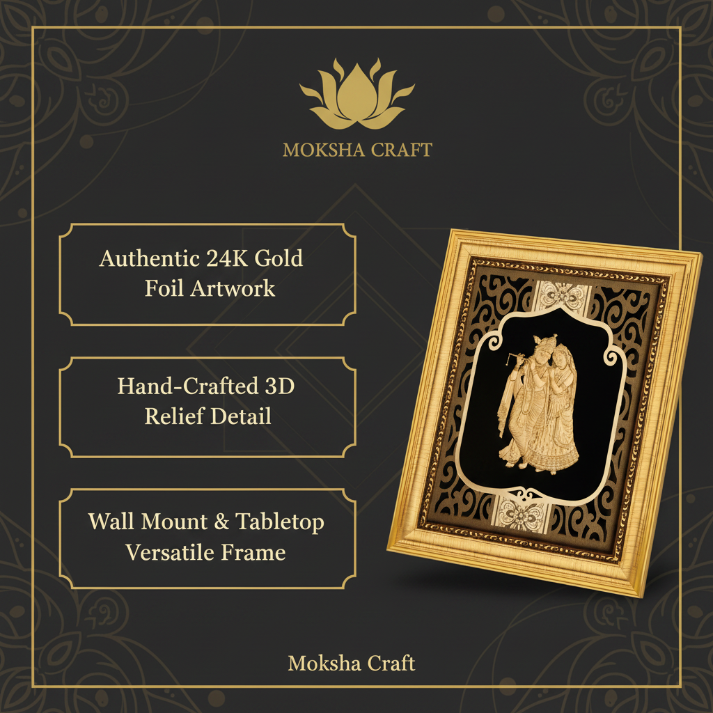 24K Gold Foil Radha Krishna Painting with Frame (8x10") - Hindu God Art for Home Mandir, Master Bedroom & Living Room Decor
