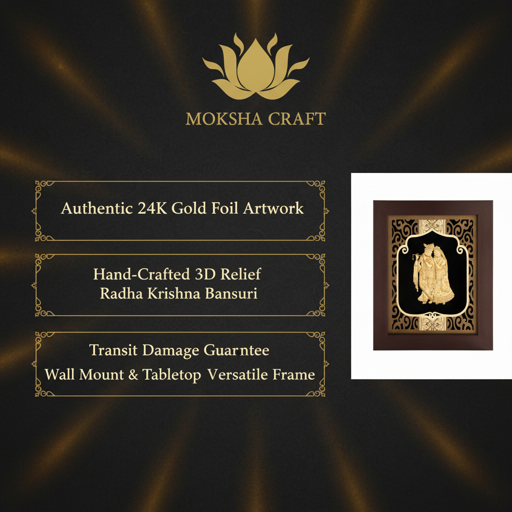 Radha Krishna 24K Gold Foil Painting Frame (8x10") - Divine Love Art for Master Bedroom, Home Mandir Decor & Vastu Gift