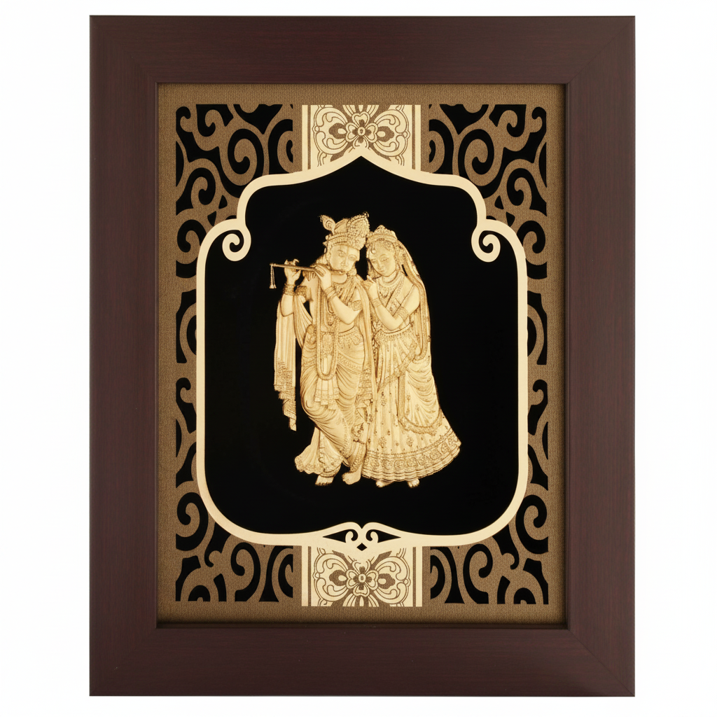 Radha Krishna 24K Gold Foil Painting Frame (8x10") - Divine Love Art for Master Bedroom, Home Mandir Decor & Vastu Gift