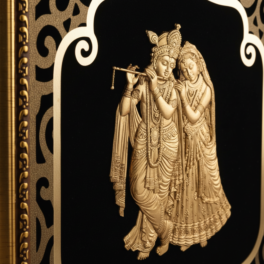 24K Gold Foil Radha Krishna Painting with Frame (8x10") - Hindu God Art for Home Mandir, Master Bedroom & Living Room Decor
