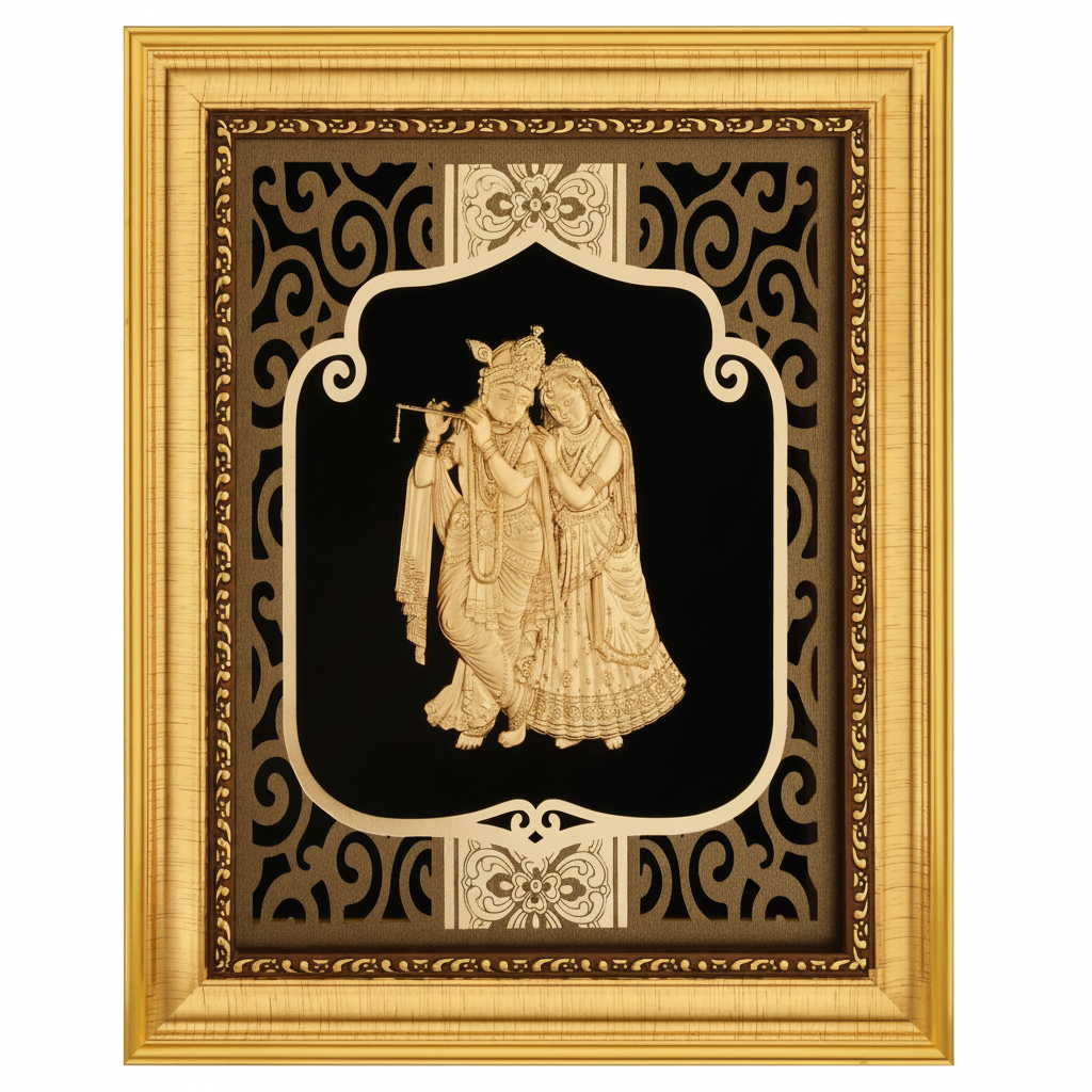 24K Gold Foil Radha Krishna Painting with Frame (8x10") - Hindu God Art for Home Mandir, Master Bedroom & Living Room Decor