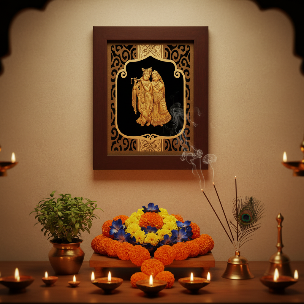 Radha Krishna 24K Gold Foil Painting Frame (8x10") - Divine Love Art for Master Bedroom, Home Mandir Decor & Vastu Gift