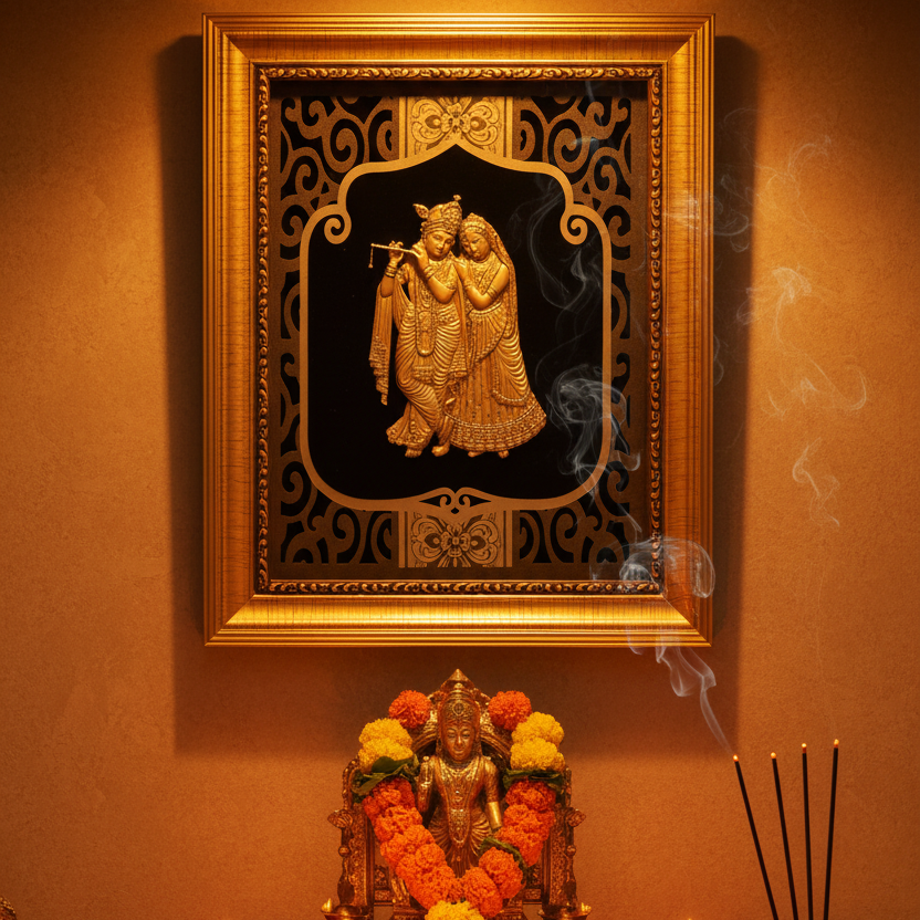 24K Gold Foil Radha Krishna Painting with Frame (8x10") - Hindu God Art for Home Mandir, Master Bedroom & Living Room Decor