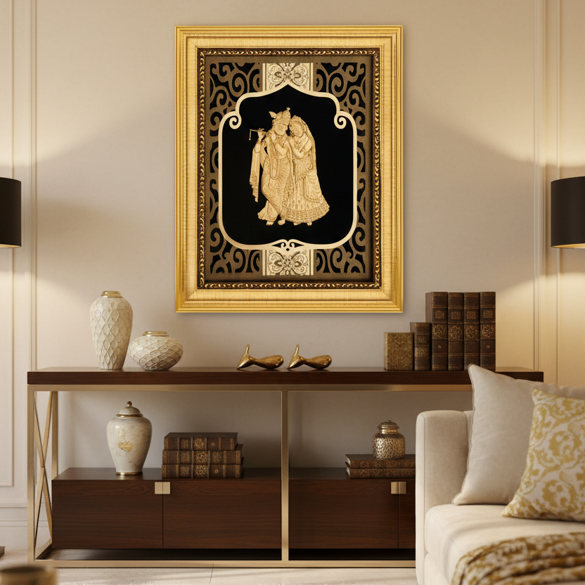 24K Gold Foil Radha Krishna Painting with Frame (8x10") - Hindu God Art for Home Mandir, Master Bedroom & Living Room Decor