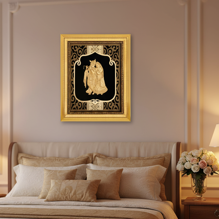 24K Gold Foil Radha Krishna Painting with Frame (8x10") - Hindu God Art for Home Mandir, Master Bedroom & Living Room Decor