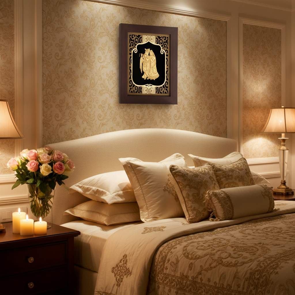 Radha Krishna 24K Gold Foil Painting Frame (8x10") - Divine Love Art for Master Bedroom, Home Mandir Decor & Vastu Gift