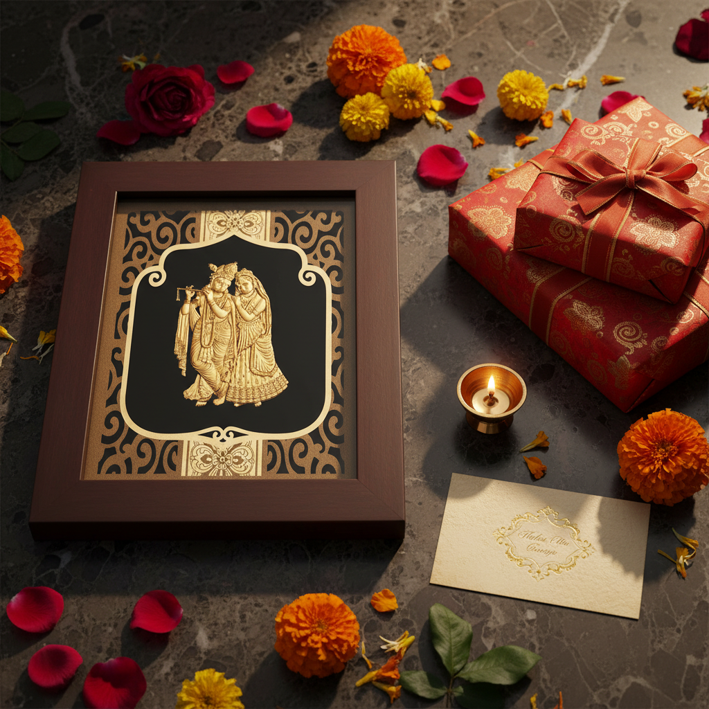 Radha Krishna 24K Gold Foil Painting Frame (8x10") - Divine Love Art for Master Bedroom, Home Mandir Decor & Vastu Gift