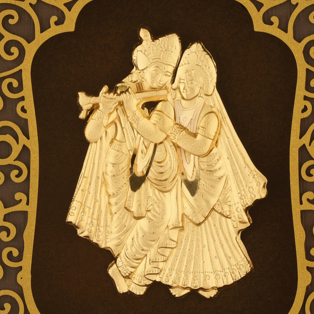 24K Gold Foil Radha Krishna Painting with Frame (3x4") - Hindu God Art for Home Mandir, Master Bedroom & Living Room Decor