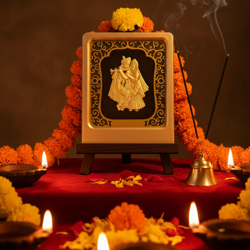 24K Gold Foil Radha Krishna Painting with Frame (3x4") - Hindu God Art for Home Mandir, Master Bedroom & Living Room Decor