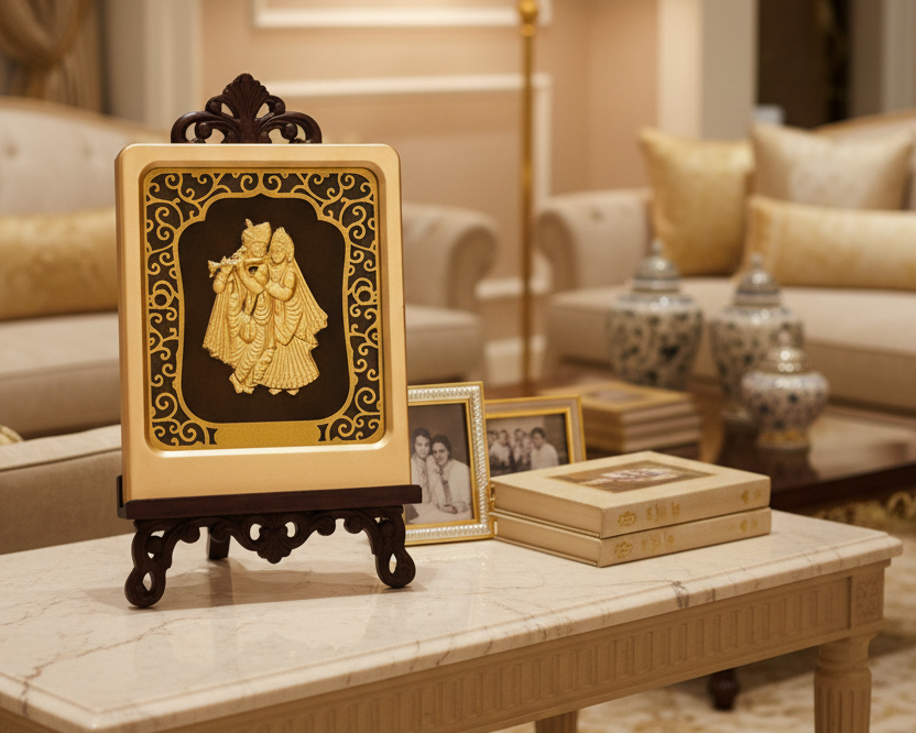 24K Gold Foil Radha Krishna Painting with Frame (3x4") - Hindu God Art for Home Mandir, Master Bedroom & Living Room Decor