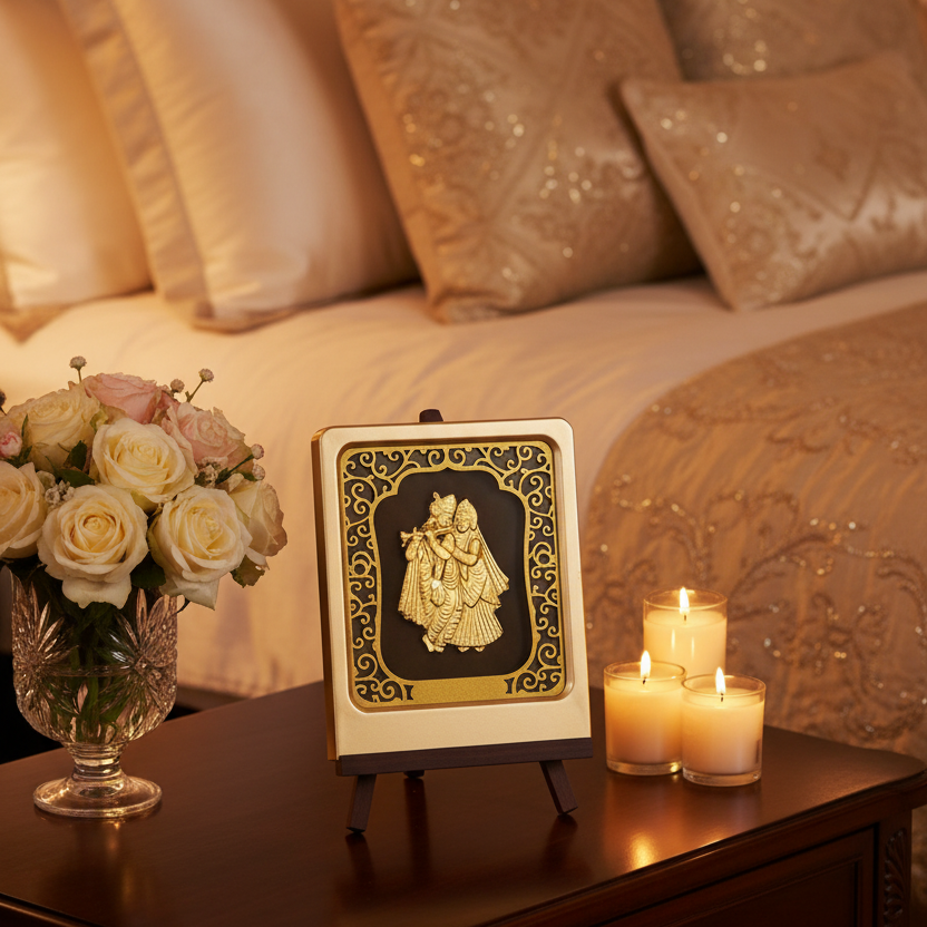 24K Gold Foil Radha Krishna Painting with Frame (3x4") - Hindu God Art for Home Mandir, Master Bedroom & Living Room Decor