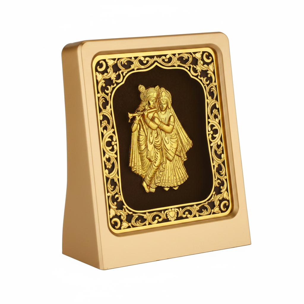 24K Gold Foil Radha Krishna Painting with Frame (3x4") - Hindu God Art for Home Mandir, Master Bedroom & Living Room Decor
