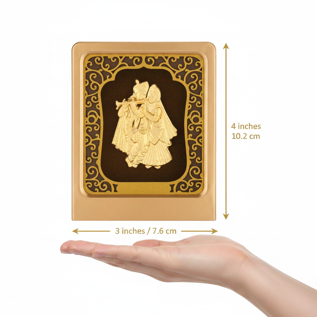 24K Gold Foil Radha Krishna Painting with Frame (3x4") - Hindu God Art for Home Mandir, Master Bedroom & Living Room Decor