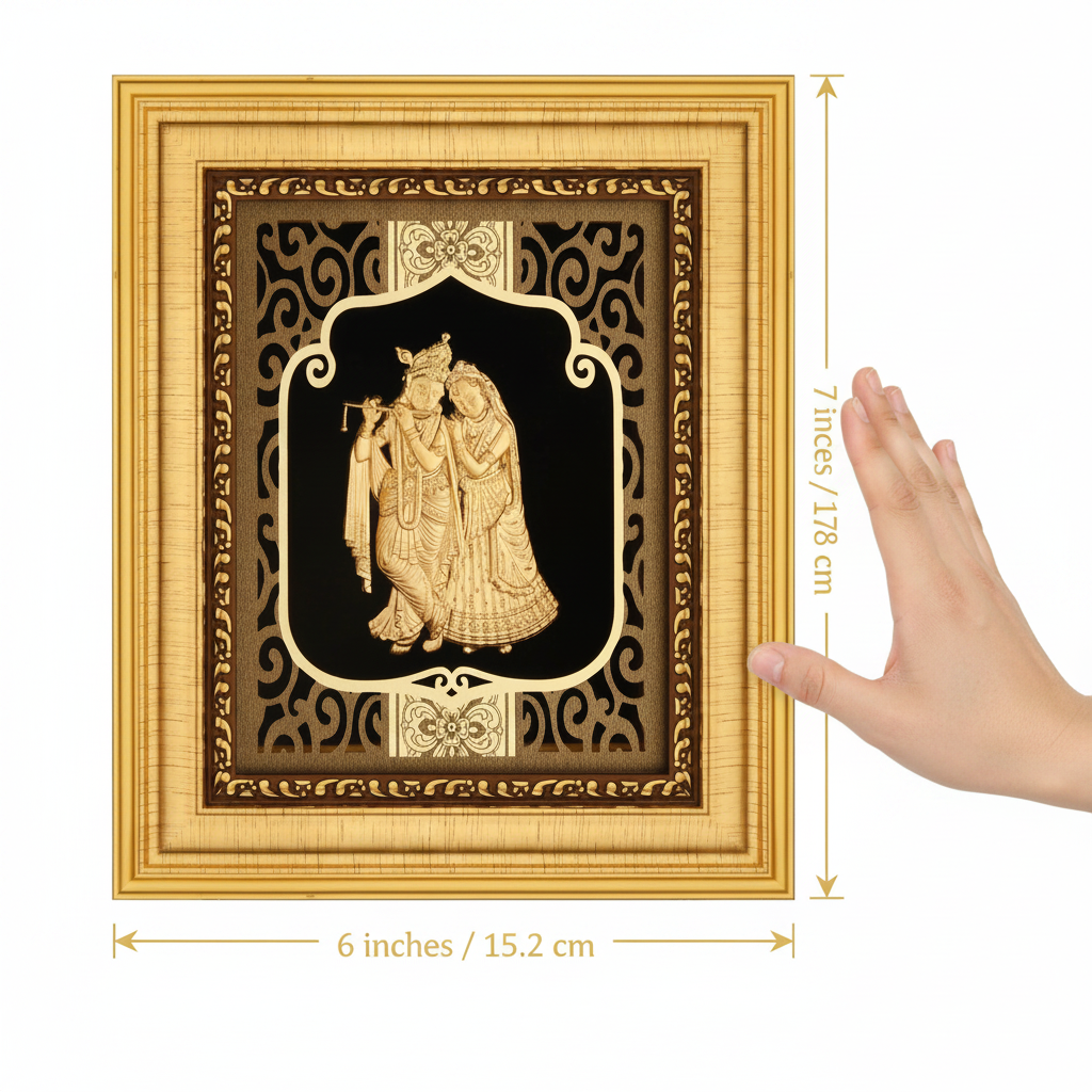 24K Gold Foil Radha Krishna Painting with Frame (6x7") - Hindu God Art for Home Mandir, Master Bedroom & Living Room Decor