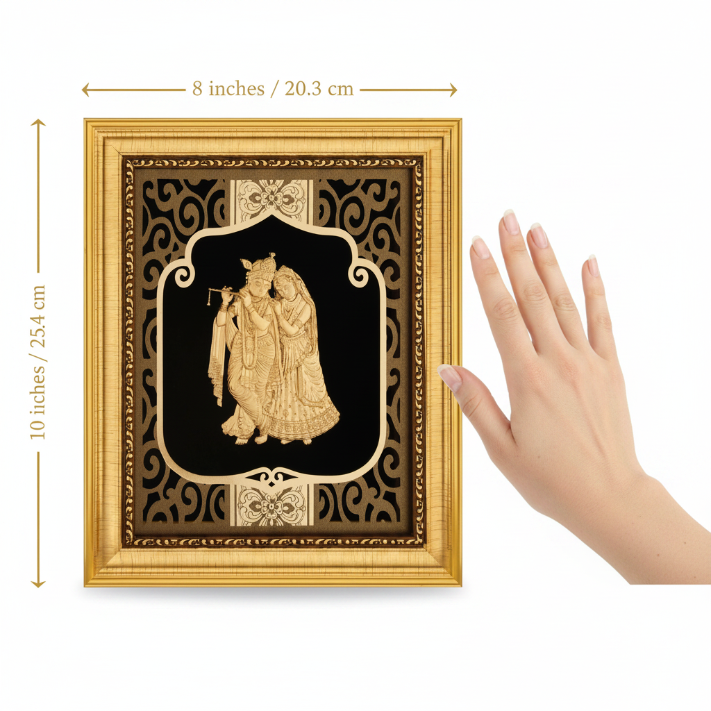 24K Gold Foil Radha Krishna Painting with Frame (8x10") - Hindu God Art for Home Mandir, Master Bedroom & Living Room Decor